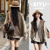 时尚 上衣马甲短裤 套装 针织衫 三件套 复古小众设计感显瘦长袖 韩版