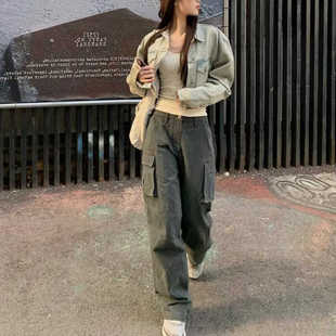 下摆手工拉毛短款廓形牛仔外套女春秋复古感显高显瘦上衣ins时尚