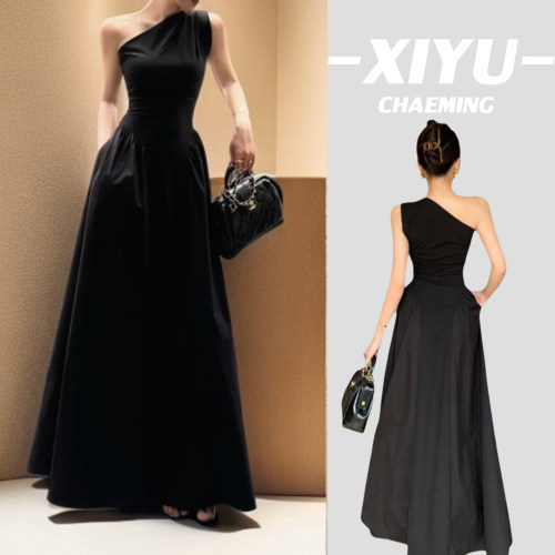 夏季斜肩露肩黑色收腰晚礼服