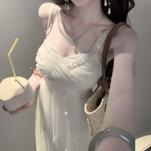 夏季法式立体花钉珠网纱吊带裙
