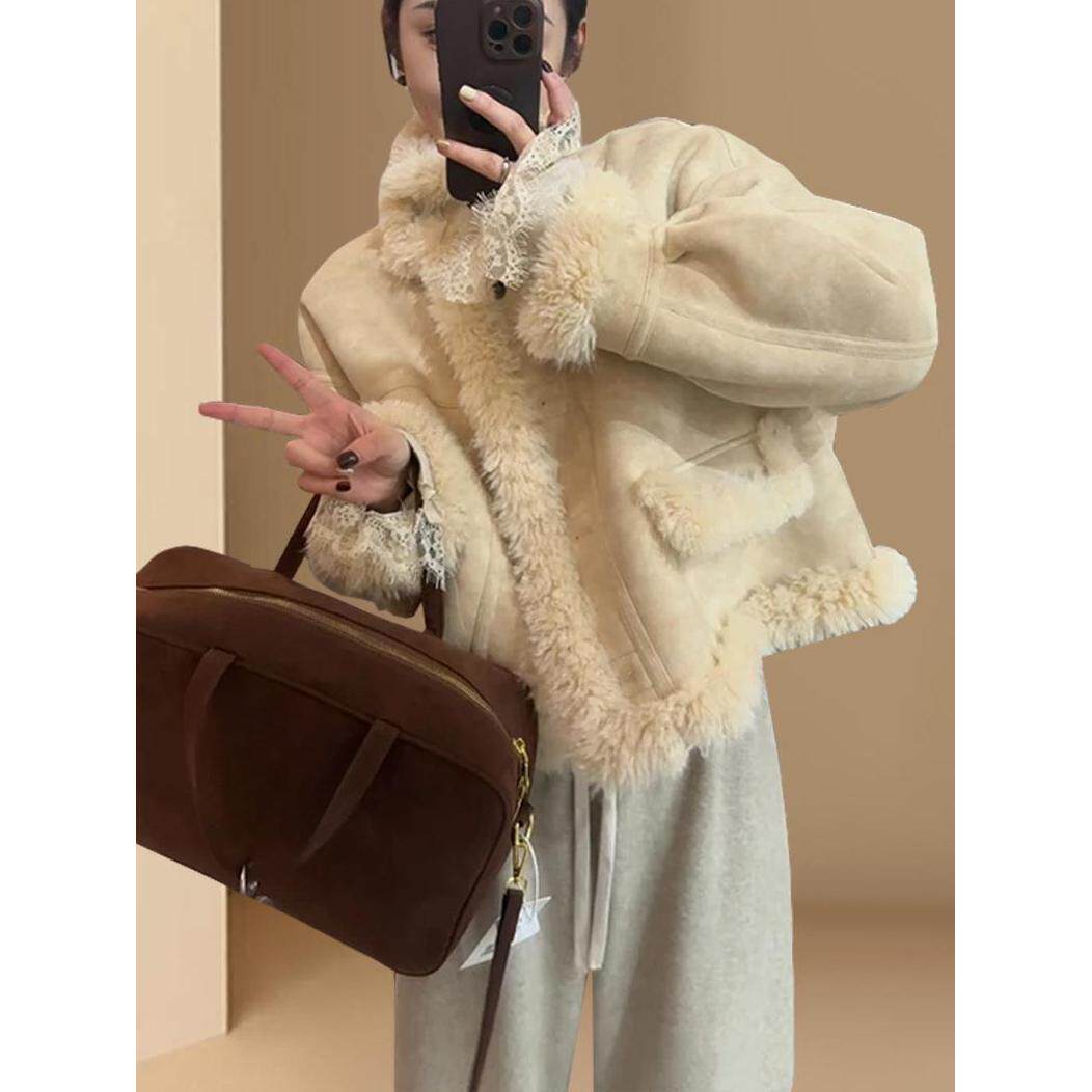 皮毛一体仿羊羔毛外套女冬季新款加厚短款小个子机车服毛毛外套