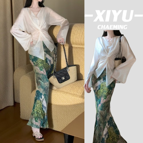 度假风油画肌理印花半身裙套装