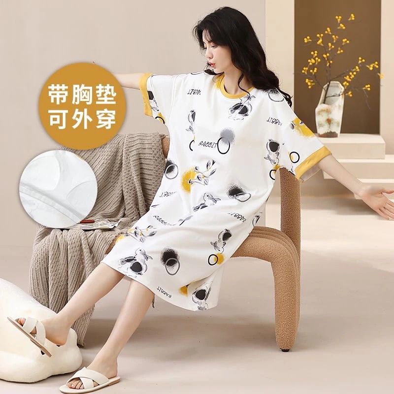 带内衬睡裙女夏季休闲短袖网红少女可爱胖MM宽松加大码可外穿睡裙