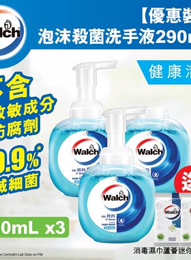 walch 泡沫杀菌洗手液健康清香290ml*2+补充装+消毒湿巾芦荟7片*2