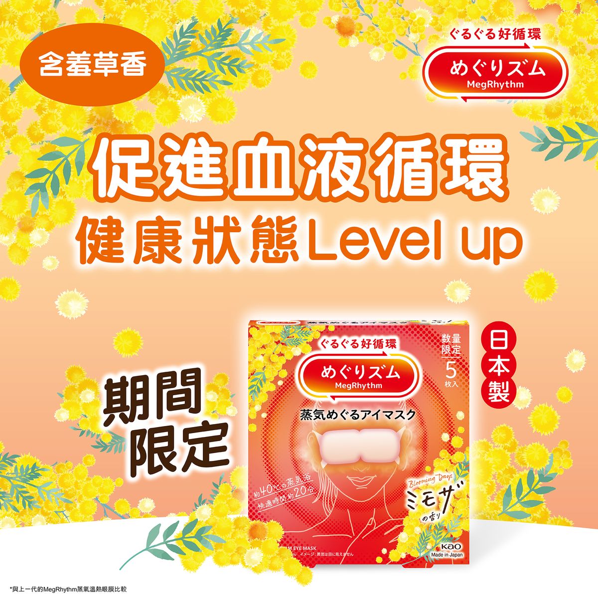 花王MegRhythm蒸气温热眼膜含羞草香5片装蒸汽眼罩用眼过度成人版