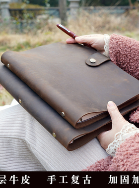 手工加大复古头层牛皮素描本26孔B5疯马皮真皮带纽扣可定制笔记本
