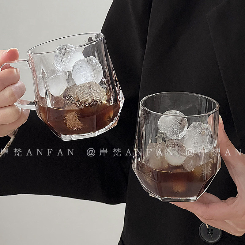 韩式ins风钻石菱角玻璃杯家用客厅带把冷饮果汁杯简约拿铁咖啡杯