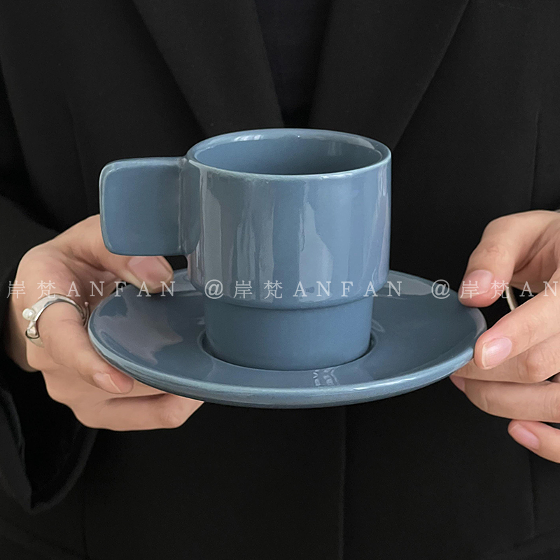 岸梵*北欧复古方形手柄杯碟下午茶拿铁咖啡杯早餐办公迷你马克杯