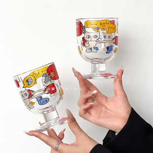 岸梵猫咪高脚杯可爱喝水玻璃杯子小众卡通果汁杯甜品饮料杯冷饮杯