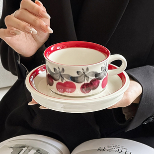 手绘中古陶瓷咖啡杯碟手绘莺桃小红珠下午茶杯套装闺蜜礼物伴手礼