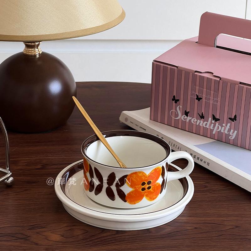 中古手绘蜜橘之花陶瓷杯精致咖啡杯碟套装下午茶拿铁杯子伴手礼