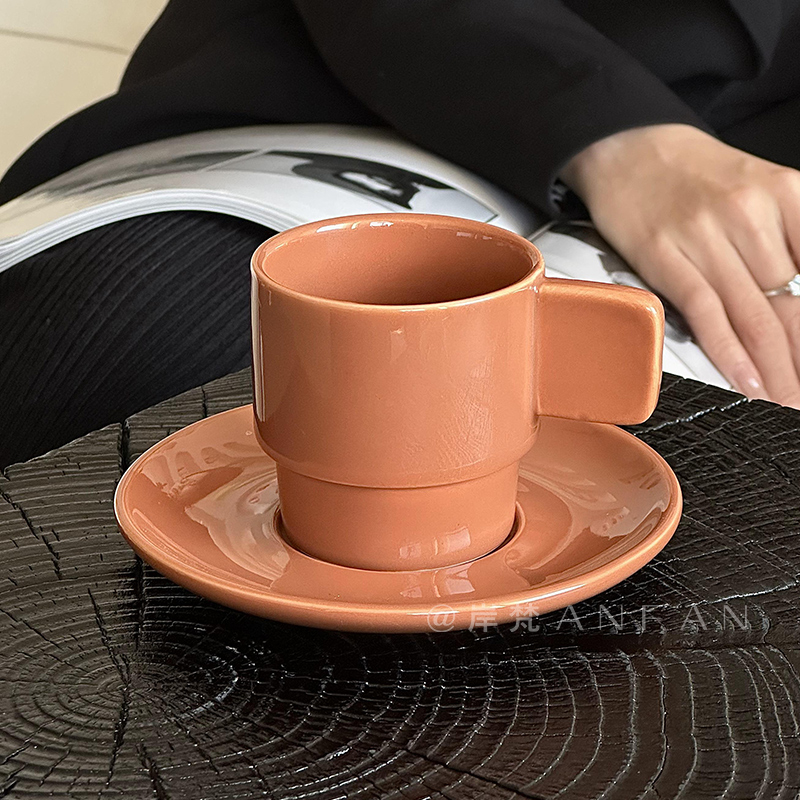 岸梵 北欧风棕色方形手柄咖啡杯碟套装复古马克杯简约陶瓷杯小号