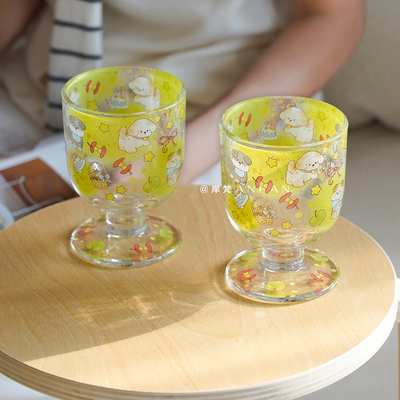 岸梵可爱果汁杯家用高脚玻璃杯卡通冷饮杯饮料杯甜品杯喝水杯子
