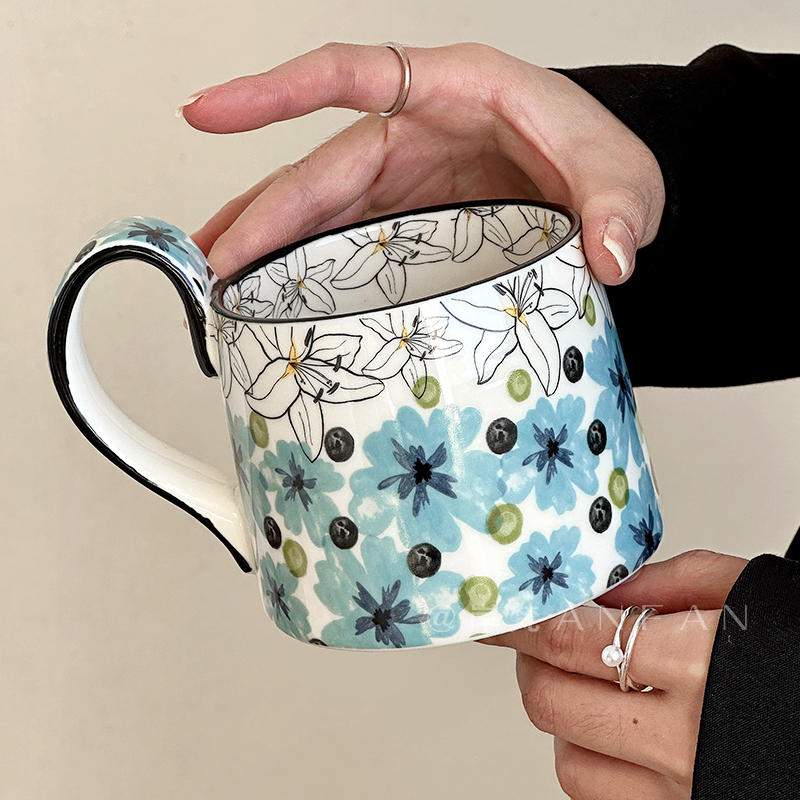 岸梵* 原创复古手绘花朵马克杯陶瓷水杯咖啡杯子精致小众原创礼物