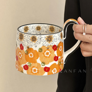 岸梵*复古手绘花朵马克杯陶瓷水杯咖啡杯子高颜值女小众原创礼物