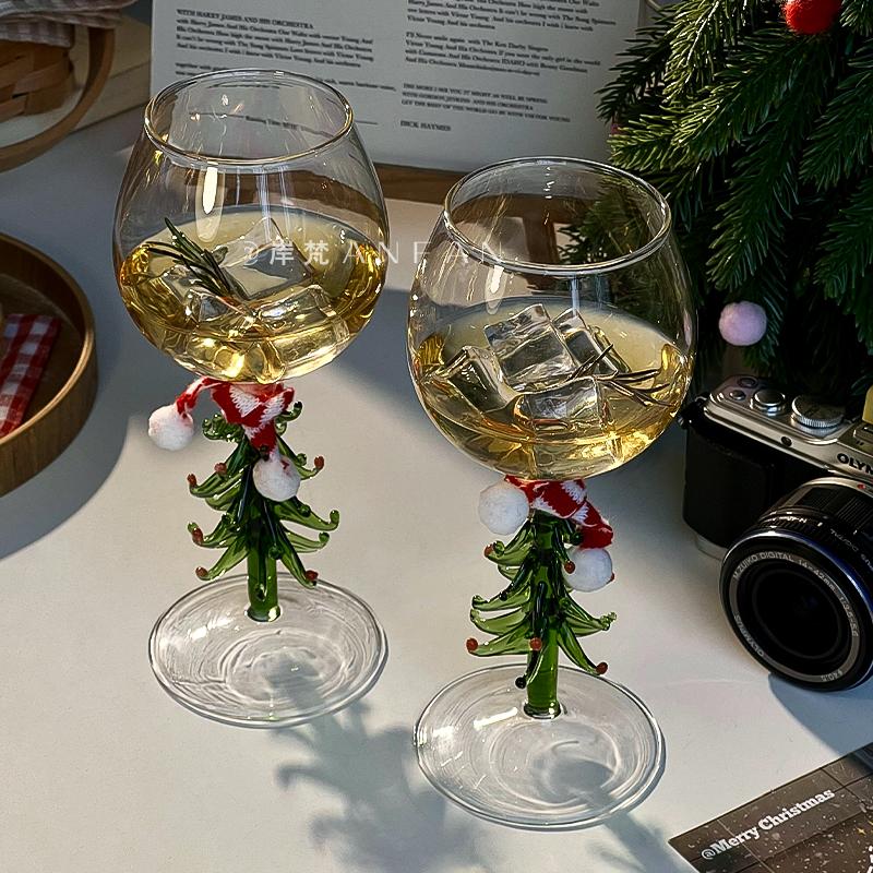 岸梵ins风圣诞酒杯玻璃酒杯圣诞树装饰高脚杯香槟杯氛围感红酒杯