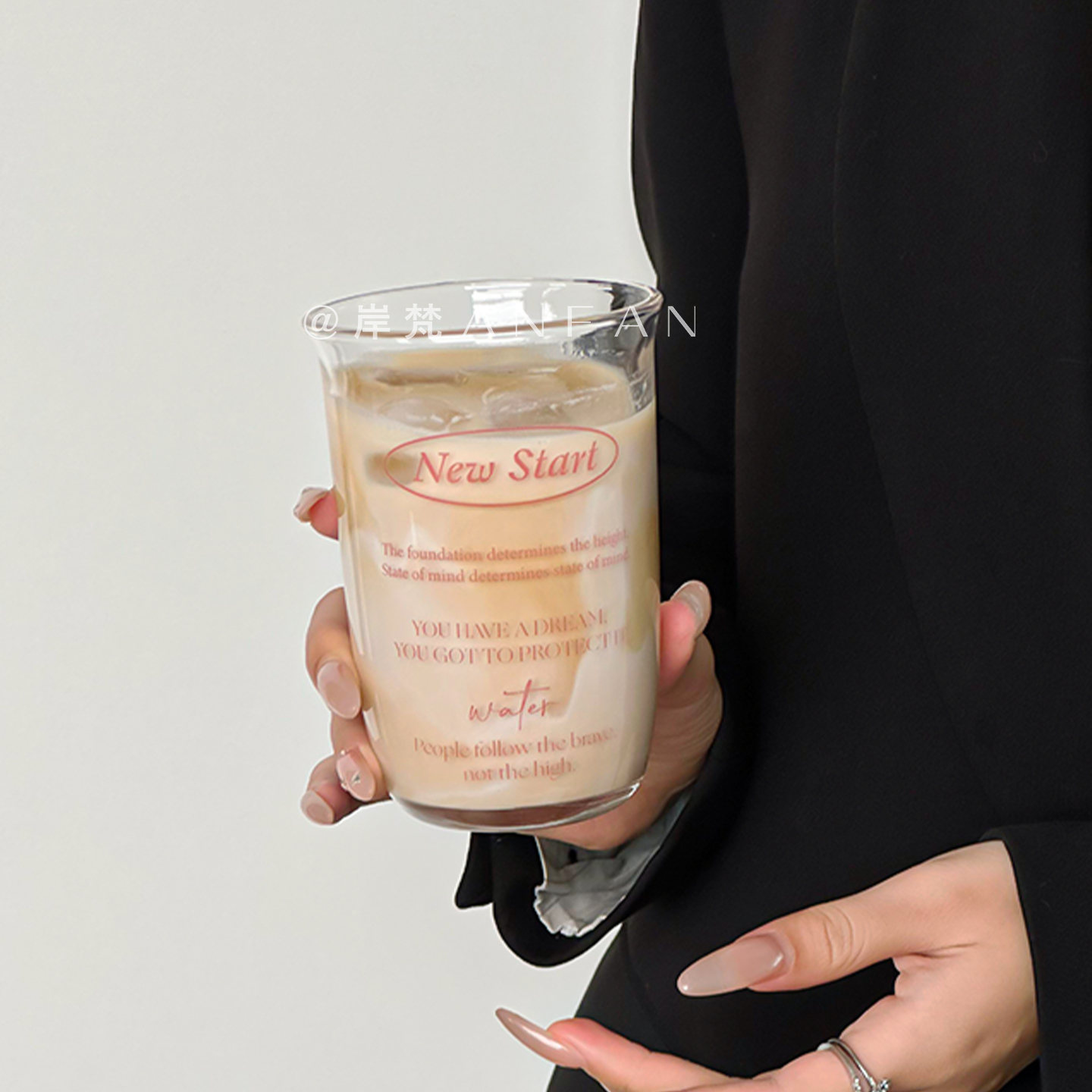 岸梵ins风玻璃杯家用拿铁咖啡杯冰美式杯子冷饮杯办公室喝水杯