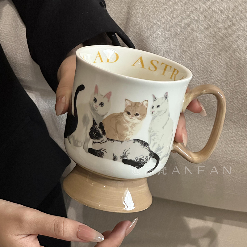 可爱猫咪高脚咖啡杯陶瓷岸梵