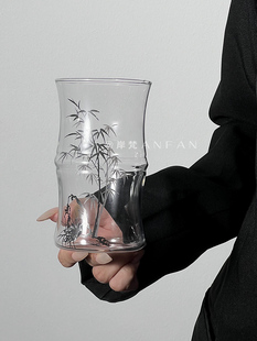 新中式复古水墨画竹节玻璃水杯高颜值家用古色古香设计饮品茶杯