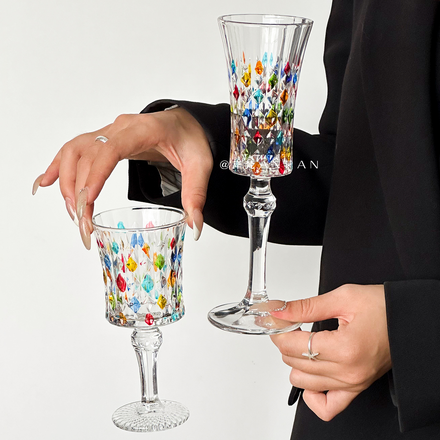 岸梵小众复古ins风钻石浮雕高脚玻璃杯香槟杯红酒杯甜酒杯调酒杯