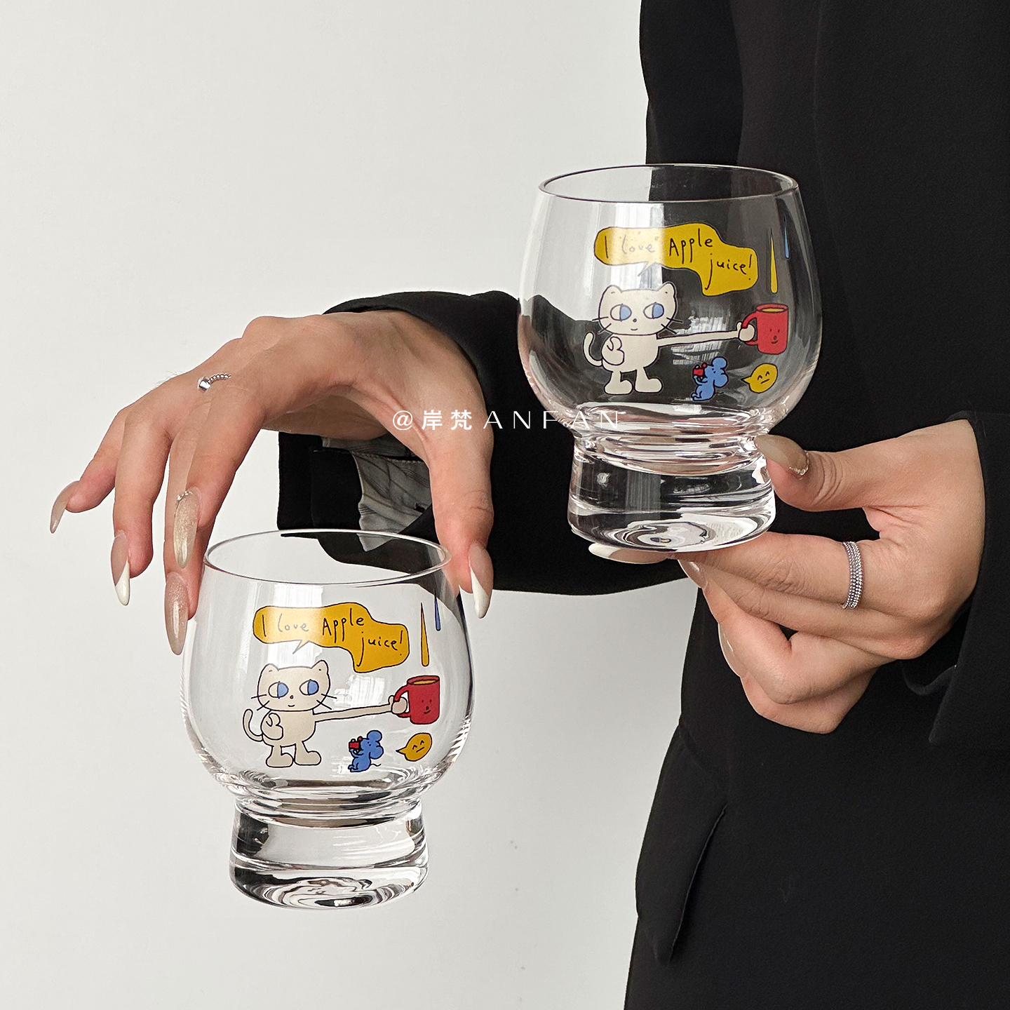 岸梵可爱猫星人玻璃杯卡通果汁饮料杯冰淇淋杯夏日冷饮杯喝水杯子