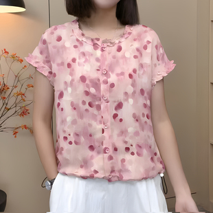 女洋气T恤百搭上衣 妈妈装 夏季 圆领木耳边单排扣粉色波点短袖 小衫