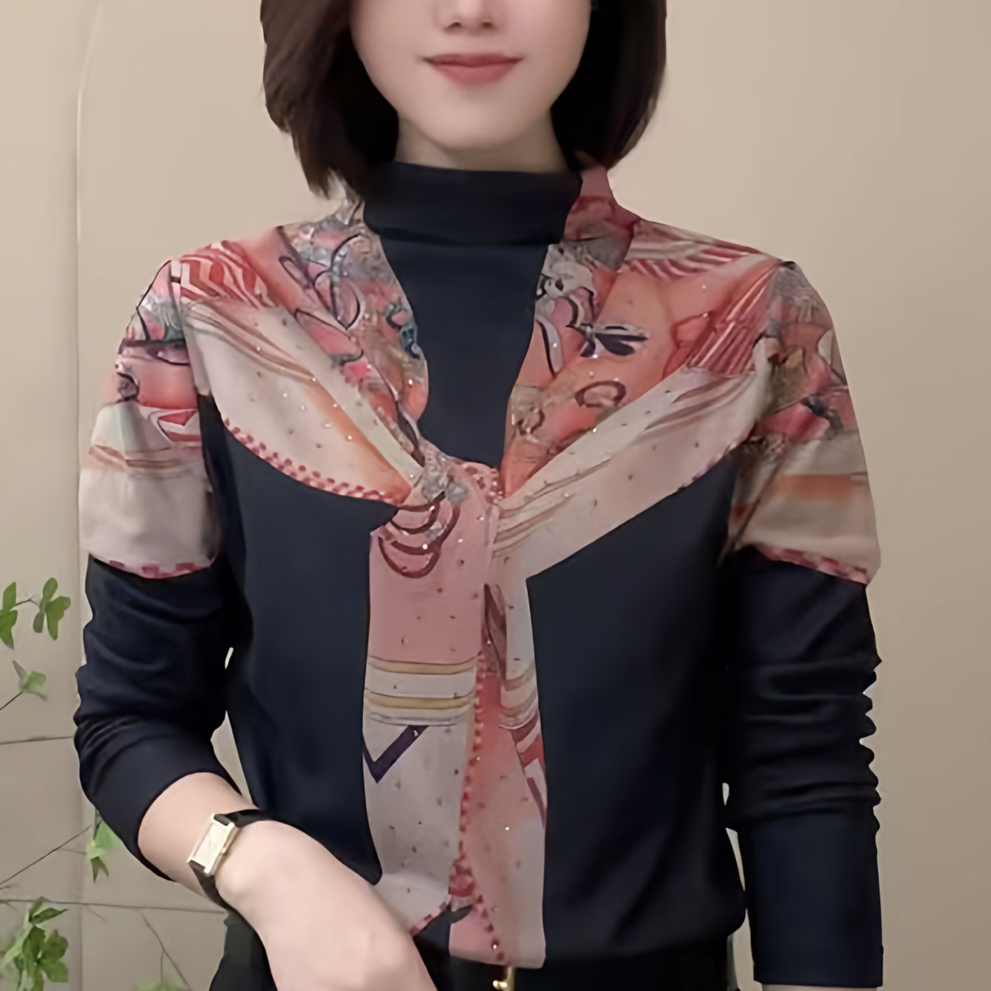 妈妈装秋季半高领丝巾印花慕斯绒长袖小衫时尚女洋气T恤气质上衣