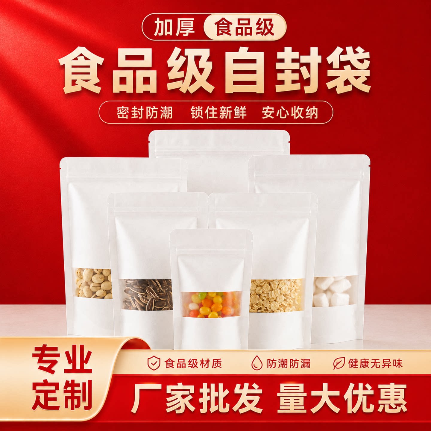 白牛皮纸自立袋透明开窗夹链密封袋坚果零食食品包装袋子批发定制