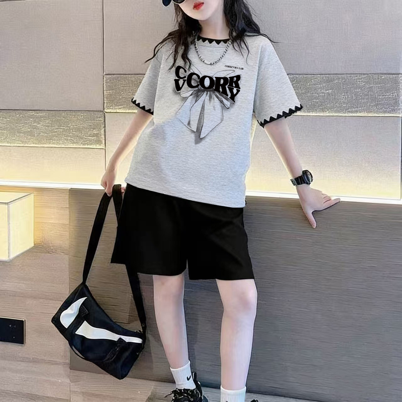 女童纯棉套装夏季2026新款时尚贝壳绣短袖五分短裤中大童宽松休闲