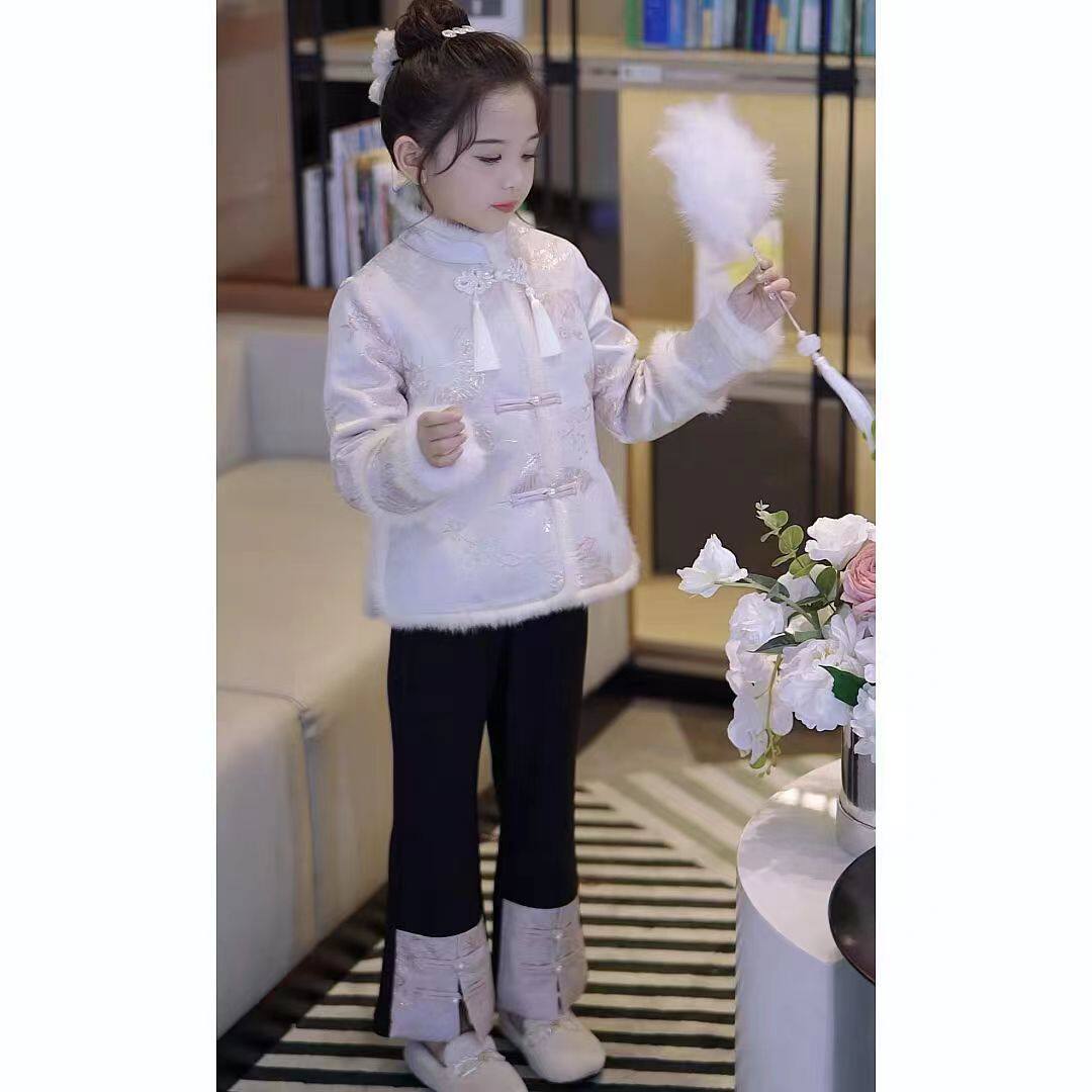 女童拜年服套装冬装2025新款加绒加厚棉袄国风刺绣中式复古唐装潮