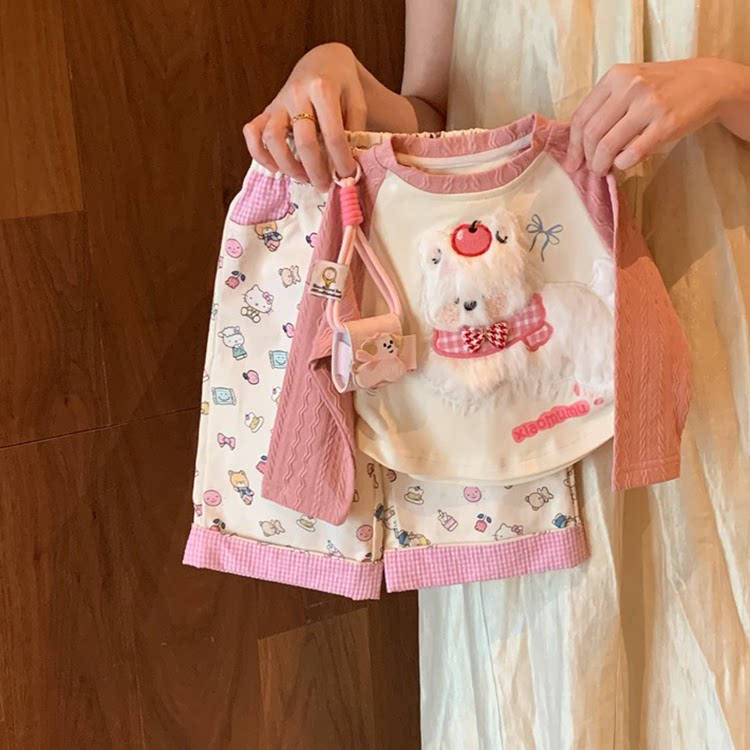 女童套装洋气秋装2025新款小童女宝宝阔腿裤卡通长袖上衣两件套潮