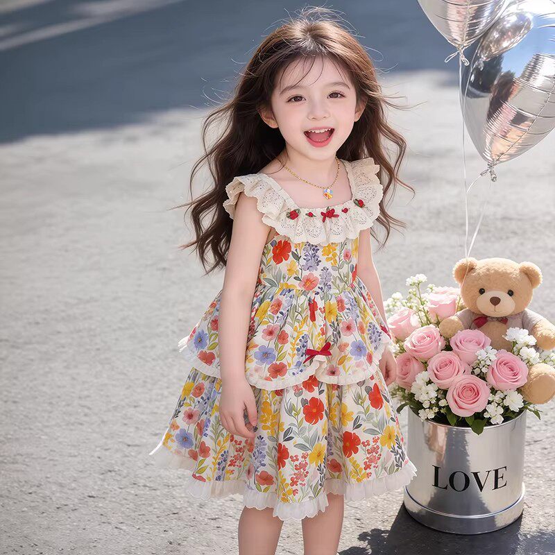 女童夏装碎花连衣裙2026新款儿童蕾丝田园风棉布裙子小女孩公主裙