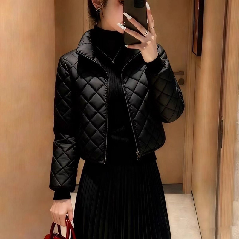 黑色短款菱格棉服女2025年秋冬季时尚新款立领修身显瘦保暖外套潮