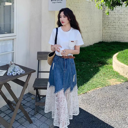 韩系休闲套装裙女夏季新款独特好看短袖T恤蕾丝拼接牛仔半身裙子