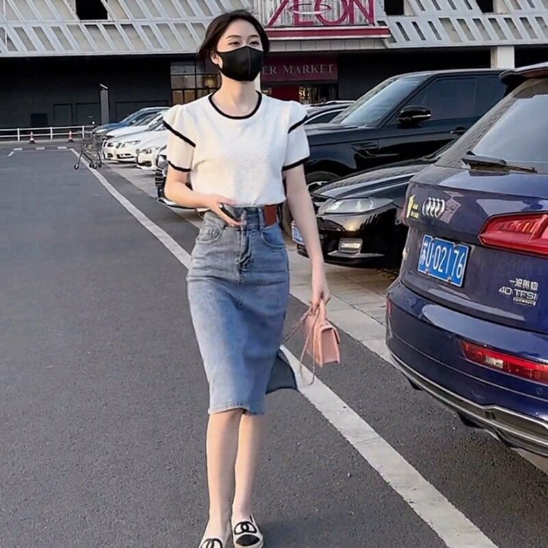 冰丝衫牛仔半身裙两件套女2024春夏新款短袖T恤别致上衣a字裙套装