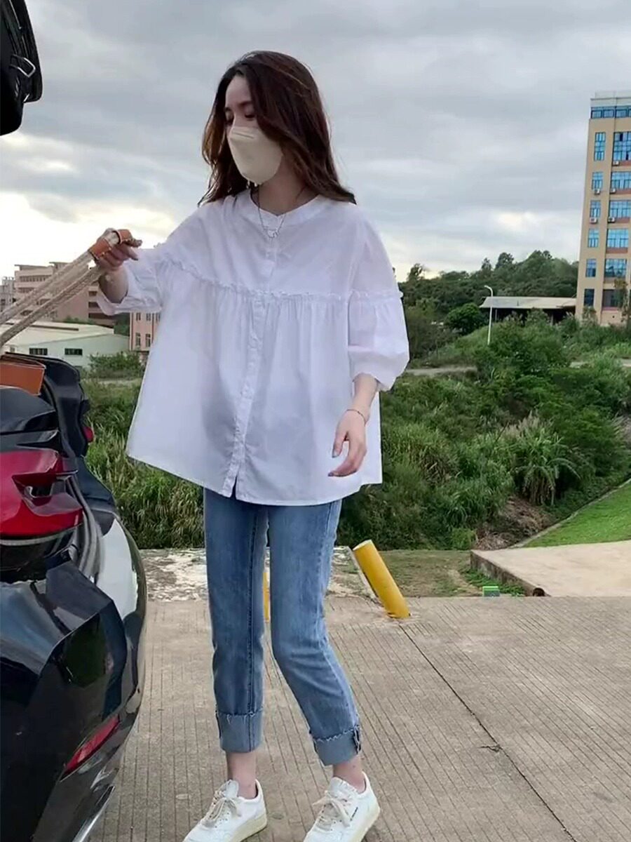 减龄木耳边泡泡袖休闲衬衫显瘦牛仔裤潮ins网红夏装搭配套装港风