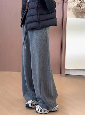 灰色加绒卫裤女款毛呢弯刀裤大码胖妹妹运动休闲阔腿裤梨形报恩裤