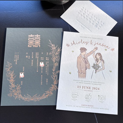 棉纸Letterpress凸版凹印刷双面烫金邀请函请柬绿色手绘喜帖定制