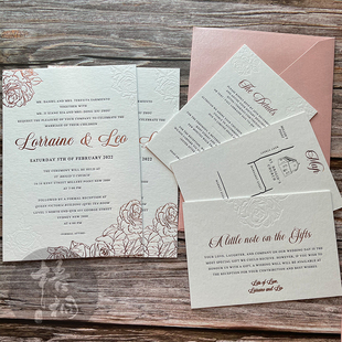 棉纸letterpress双面凸版玫瑰粉红金喜帖请柬地图邀请函印刷定制