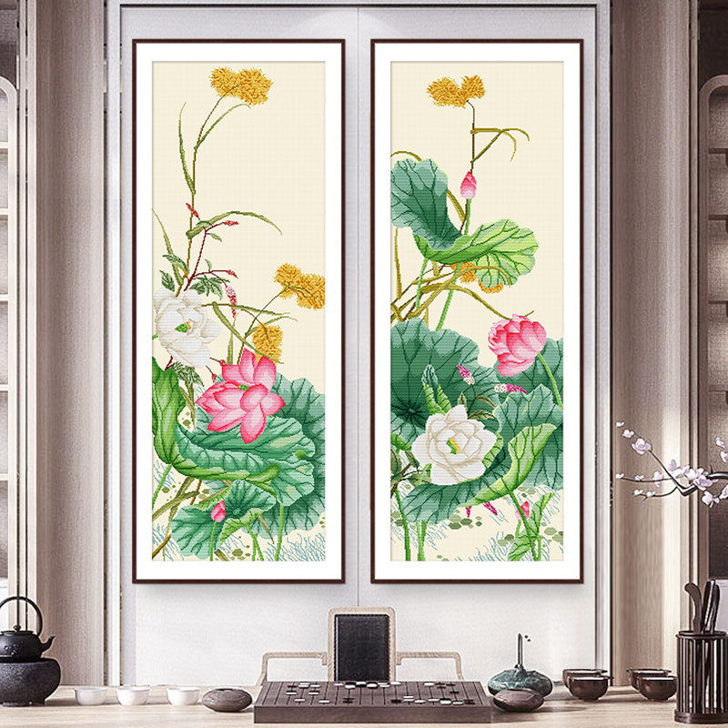 2026新款线绣古典荷花客厅玄关中式画作并蒂芙蓉水静莲香自己绣画