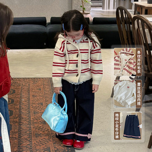 橘子家童装女童红色条纹连帽针织开衫外套2025新秋装宝宝毛衣休闲