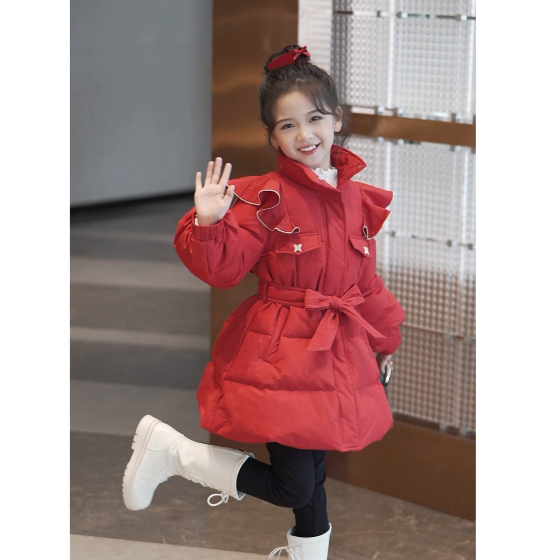 2025女童新款过年红色羽绒棉服中大童收腰棉袄小女孩洋气棉衣外套