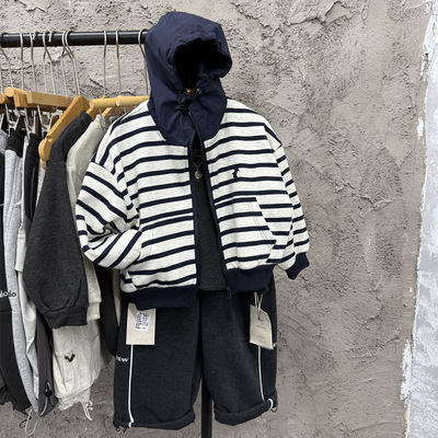 儿童深秋冬季美式一体绒条纹假两件连帽开衫卫衣男童女童加厚