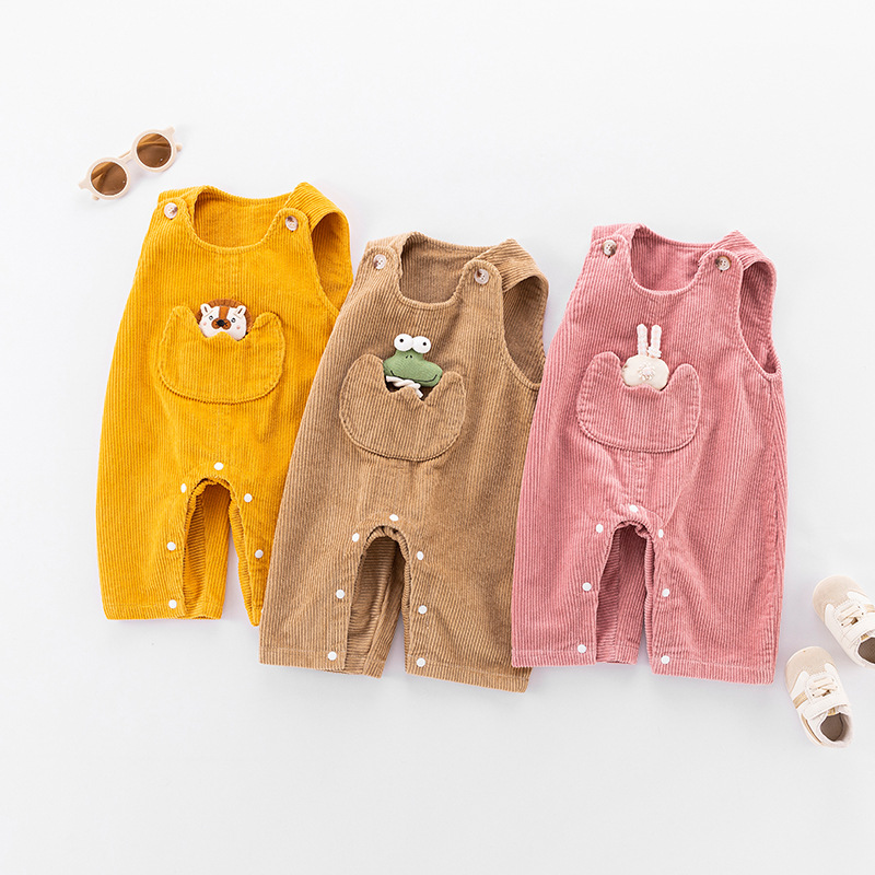 宝宝春季背带裤卡通条绒连体衣纯棉a类单层爬爬服超萌婴儿外出服