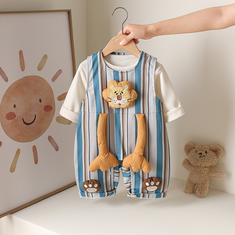 男宝宝衣服连体衣秋装幼儿卡通小狮子背带裤秋季长袖A类纯棉套装