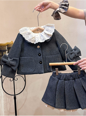酸甜韩国儿童套装女童宝博鳌冬季新款miu系风灰色彼得潘领套装
