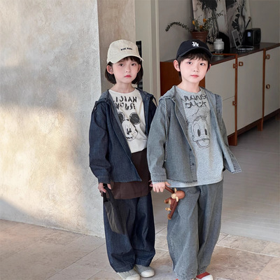 童套装2025秋季新款韩版儿童时尚牛仔套装男女童上衣裤子两件套潮
