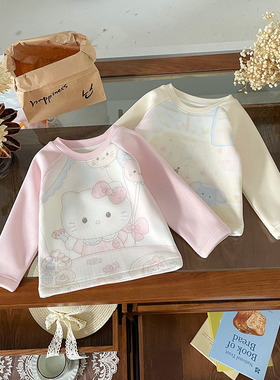 【现货】女童加绒T恤2025秋冬圆领kitty猫拼色加绒长袖QY252230