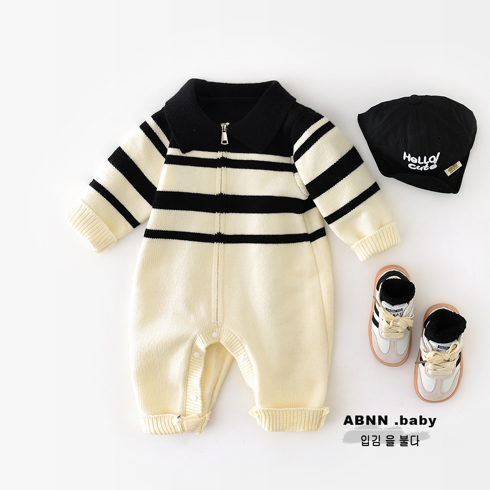 阿宝囡囡秋款男童黑白条纹爬服 新生儿宝宝海军风毛线连身衣53303
