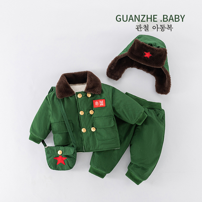 过年婴儿衣服军大衣加厚儿童套装东北冬装棉袄男宝宝夹棉零下